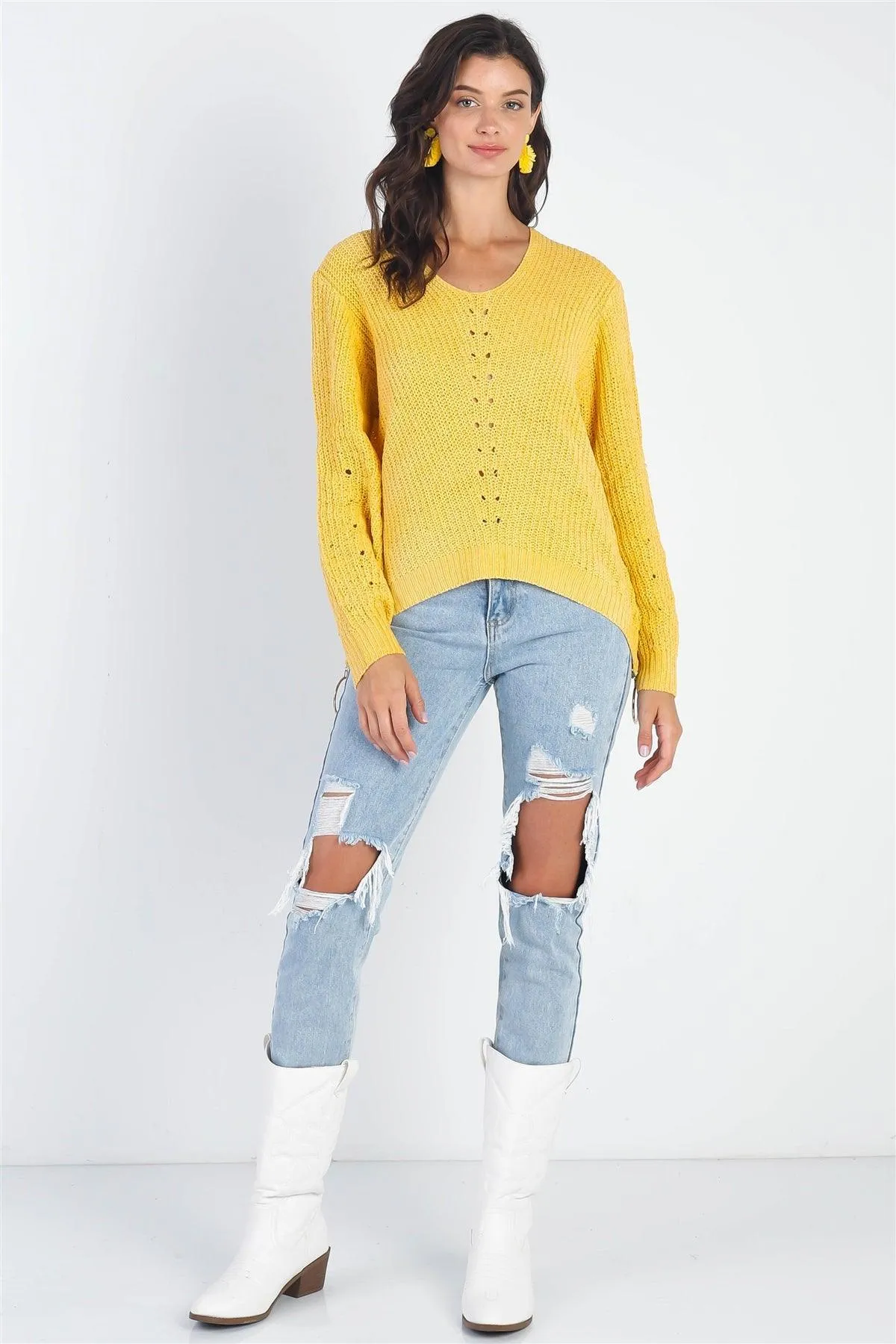 Yellow Knit Zip-Down Long Sleeve Knit Light Sweater Top