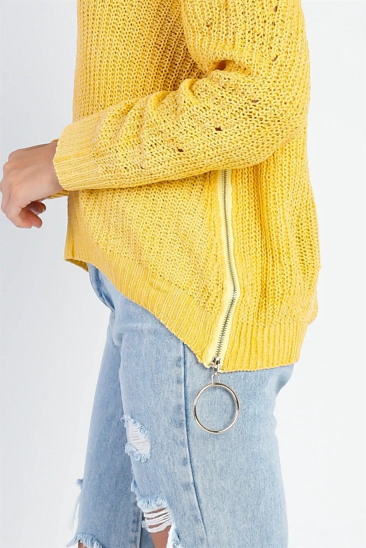 Yellow Knit Zip-Down Long Sleeve Knit Light Sweater Top