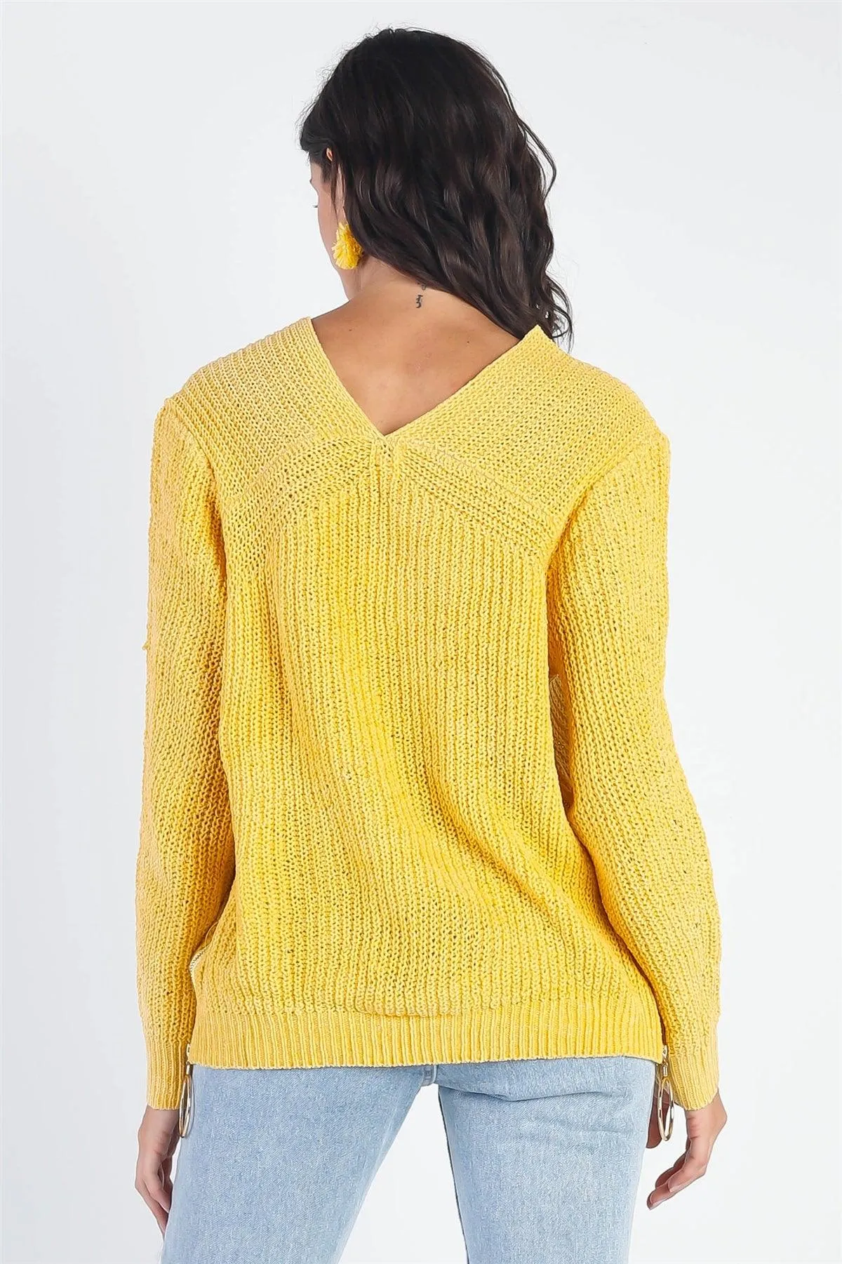 Yellow Knit Zip-Down Long Sleeve Knit Light Sweater Top