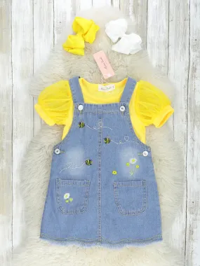 Yellow Tulle Top & Denim Bee Overall Set